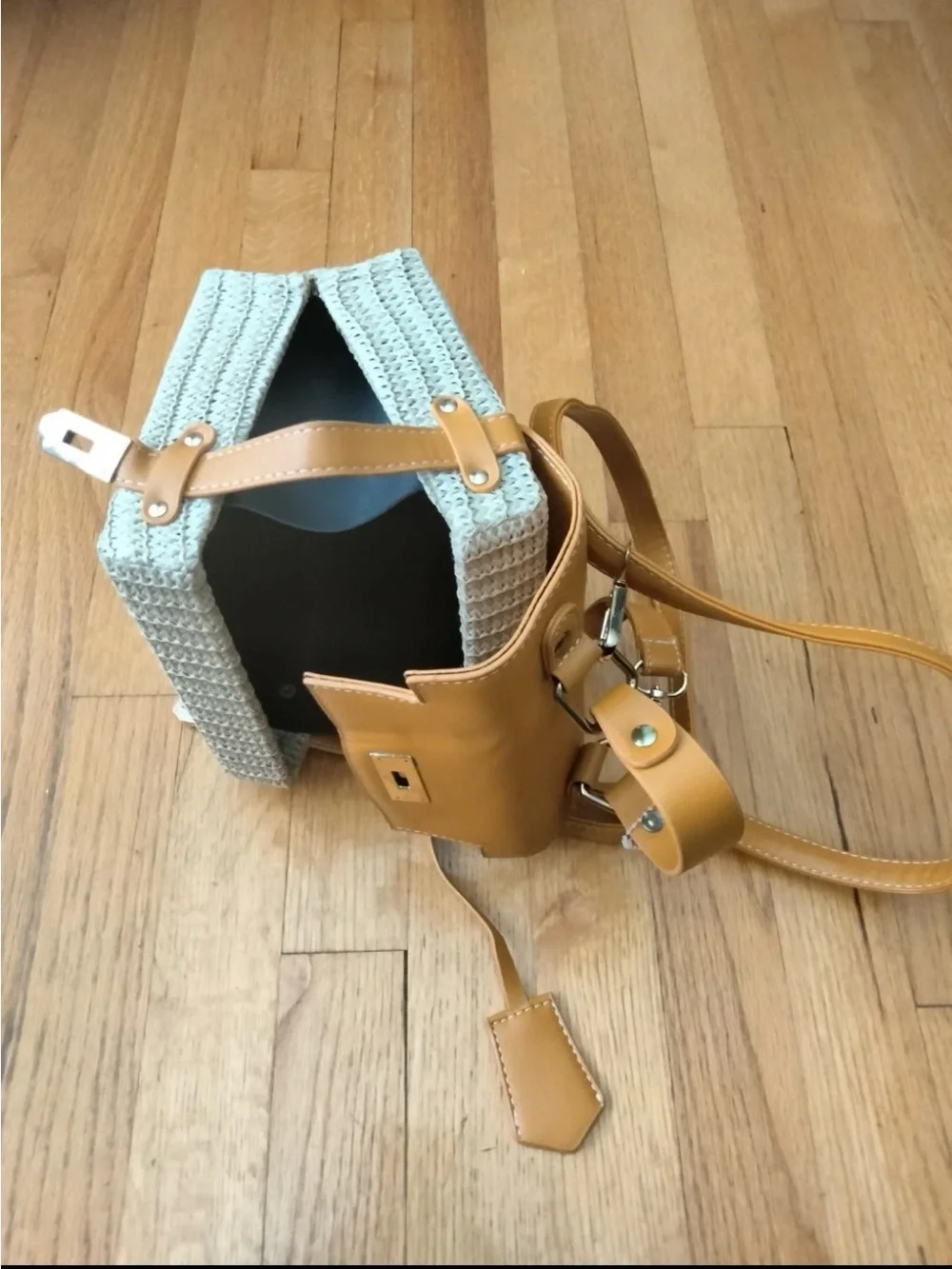 Tan Woven Top-Handle Crossbody Bag with Leather Trim